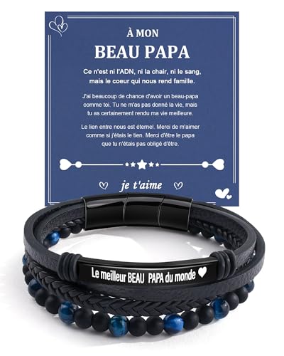 VGWON Cadeau Homme, Bracelet Homme, Bracelet Beau Papa, 6 mm Bleu Pierre Naturelle Oeil de Tigre et Cuir, Noel Cadeau Anniversaire Papa, Fete des Peres