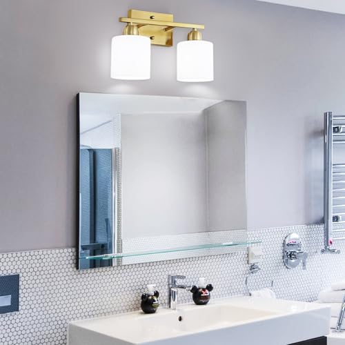 Image of 2 Light Bathroom Vanity, Bathroom Lights Over Mirror with Milky White Frosted Glass Shades, Gold Vanity Light for Mirror Living Room Bedroom Hallway E26 Base