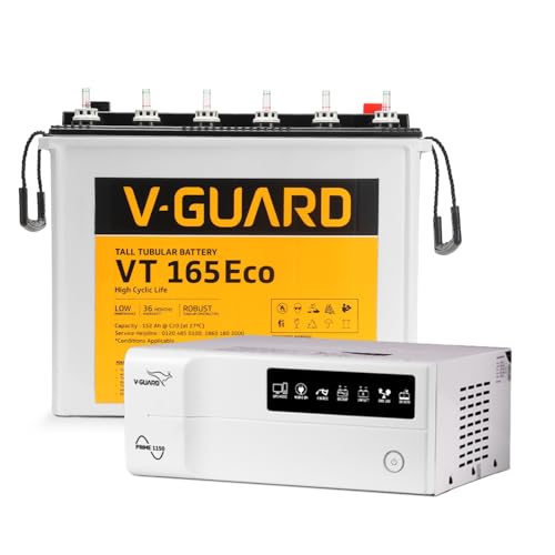 Image of V-Guard Inverter & Battery Combo (1150 Pure Sine Wave 1000VA /12V Inverter, VT 165 ECO 152 Ah Tall Tubular Battery) for Home, Office & Shops