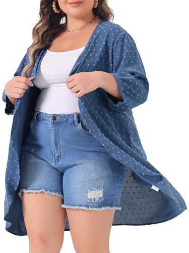 Image of Agnes Orinda Plus Size Cardigan for Women Open Front 3 /4 Sleeve Swiss Dots Lightweight Casual Cover Up 3X Blue