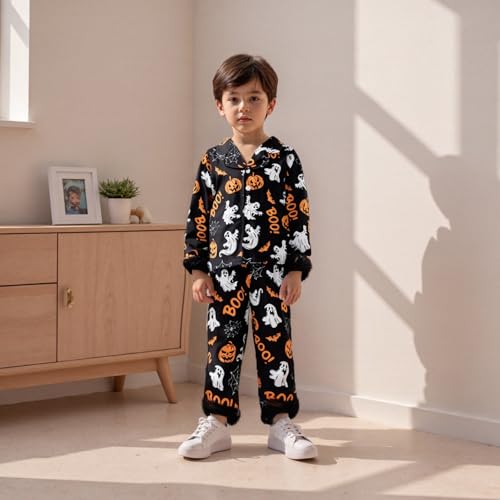 fyclemt Toddler Girl Silk Pajamas Set Floral Pumpkin Fuzzy Trim Long Sleeve Button Shirt Pants Halloween Pjs Lounge Sleepwear3