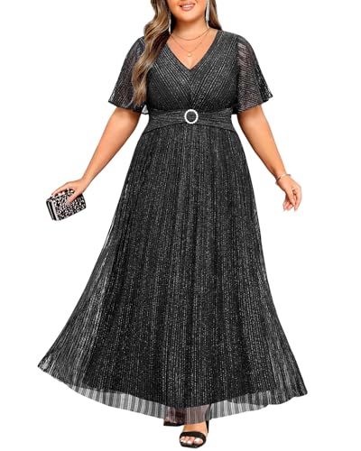 Image of Pinup Fashion Plus Size Formal Evening Glitter Prom Wedding Guest Dress | Silver thread straight knit, v-neck, empire waist, back zipper, a-line, maxi long, perfect for evening party, wedding guest