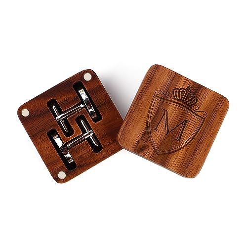 Image of Mens Initial Silver Cufflinks A-Z Alphabet Letter Steel Cuff Links with Engraved Walnut Wood Box Groom Groomsman Wedding Set