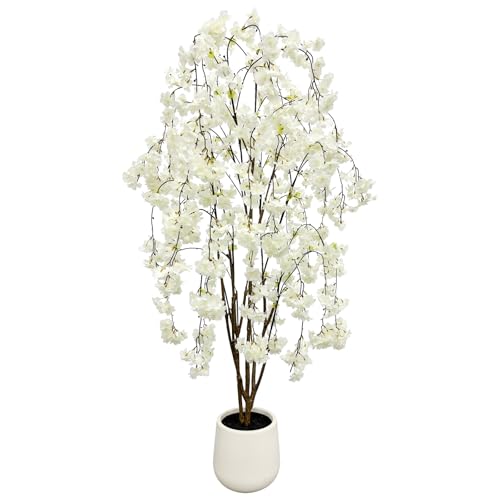 Artificial White Cherry Blossom Tree, 5Ft Tall Indoor Faux Plant with Cascading Branches, Potted Decorative Tree for Home, Office, Living Room, Patio