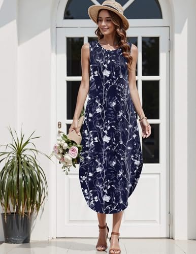 Image of Zeagoo Women Floral Summer Casual Beach Printed Tank Dress with Pockets Pleated Front Long Dress