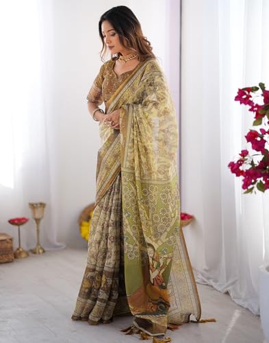 Image of SIRIL Women's Cotton Linen Kalamkari Printed Handloom Saree with Unstitched Blouse Piece