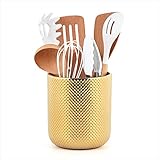 Satu Brown Ceramic Utensil Holder for Kitchen Counter, Gold Utensil Holder for Countertop, 5.1 W x 6.6 H inches