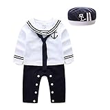Mud Kingdom Baby Boy Rompers with Hat Uniform Long Sleeve White Nautical 6-9 Months 2 Piece