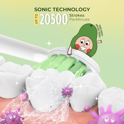 Image of beatXP Jiggle Sonic Electric Toothbrush for Kids with 2 Brush Heads & 3 Cleaning Modes | Rechargeable Electric Toothbrush | 20500 strokes /min with Long Battery Life (Leafy Green)