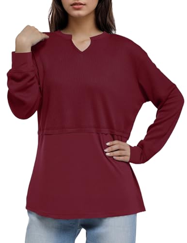 Women Waffle Knit Tops Fall V Neck Tunic Fashion Splicing Blouses Solid Color Long Sleeves Tops