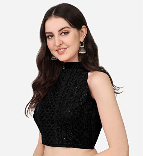Image of Pujia Mills Women's Halter Neck Chickenkari Work Readymade Saree Blouse