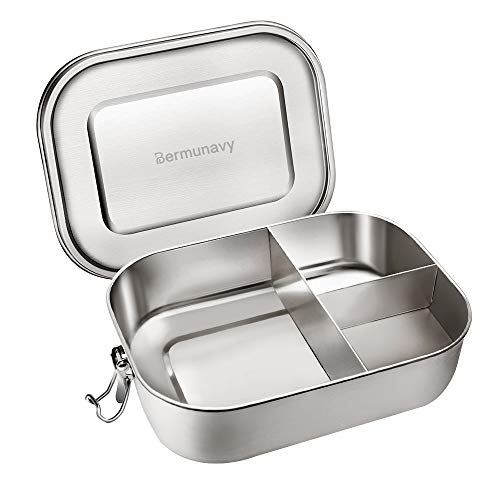 Stainless Steel Bento Box Lunch Container,Bermunavy 3-Compartment Metal Bento Lunch Box for Sandwich and Two Sides,1400 ml Food Container for Kids & Adults,Eco-Friendly, Dishwasher Safe, BPA-Free