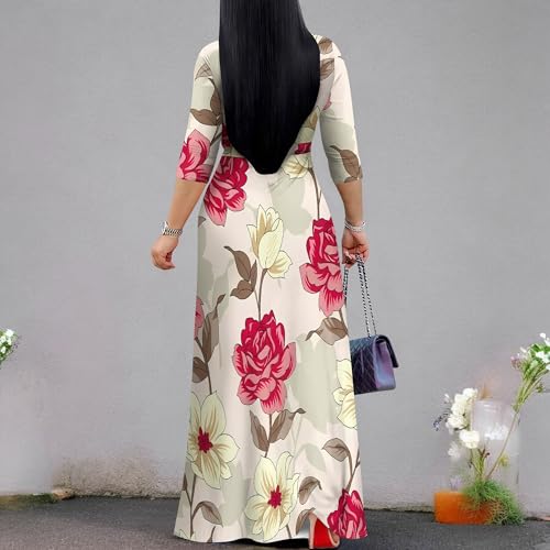 Image of PinkPatty Women's Print Maxi Dresses 3 /4 Sleeve Flowy Long Dress V Neck Wrap Tie Waist Sundress