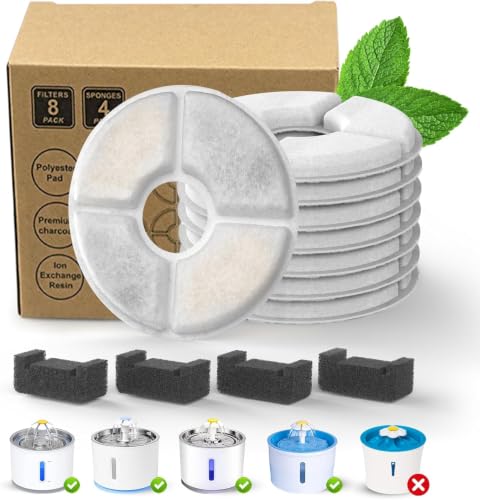 Image of Cat Water Fountain Filter Replacement, 8 Round Carbon Filters and 4 Upgraded Pre-Filter Sponges for Wonder Creature 81oz /2.4L Round Stainless Steel Top Cat Fountain