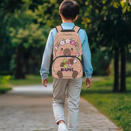 Floral Capybara Personalized Backpack for Girls Backpacks Ages 8-10 Cute Bookbags Aesthetic Custom Initial Name School Bag with Front Pockets for Elementary School Travel Daypack3