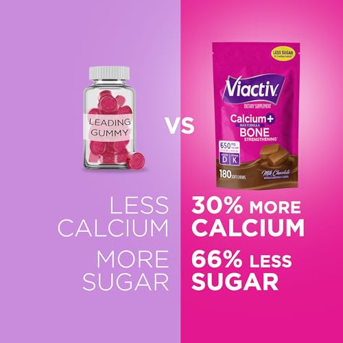 Viactiv Calcium + Vitamin D Supplement Soft Chews for Women & Men - Chewable Calcium for Bone Health Support, 650 mg per Serving, Vitamin D & K for High Absorption - 180 Count, Milk Chocolate - Image 6