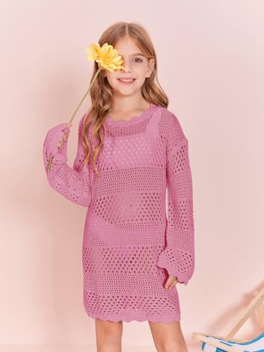 Image of Batermoon Girls Crochet Long Sleeve Swimsuit Cover Up Kids Fashion Hollow Out Swimwear Beach Dress 5-14 Years
