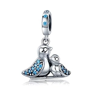 Mutterliebe! Vogelpaar mit blauen Zirkonia-Kristallen, 925 Silber | Schmuck-Beads-Charms
