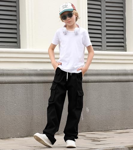 Boys Cargo Pants Wide Leg Pants Teen Kids Drawstring Straight Trousers with Pockets Size 7-143