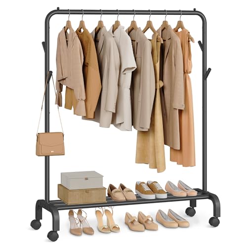 SONGMICS Burro para Ropa, con Ruedas, Perchero Burro con Barra, Tubo de Acero, Carga de 50 kg, Ancho de 102 cm, Almacenaje Multifuncional, Negro HSR131B01