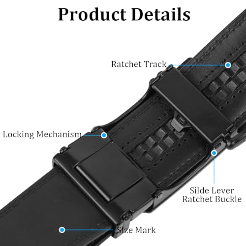 Image of GUSTAVE Leather Belt for Men Formal Belts for Man, Mens Fashion Casual Business Black Belt for Men Jeans, Auto-Lock Gold Metal Buckle, 130cm /51'' Length, No Punch Hole