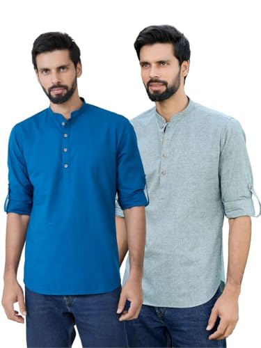 Image of See Designs Men's Roll-Up Sleeve Mandarin Collar Cotton Solid Short Kurta (Pack of 2) - Festive Collection
