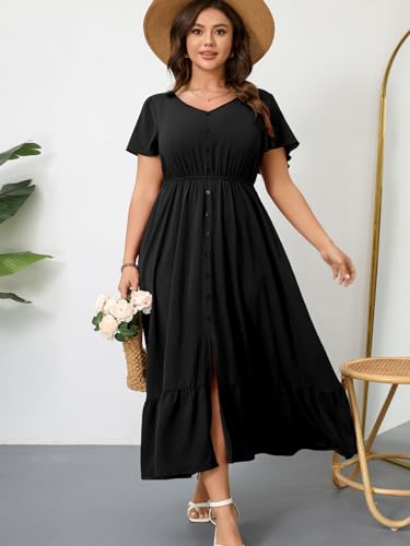 Image of RWJ Women Plus Size Maxi Dress V Neck Short Sleeve Button Trim Split Flowy Tiered Casual Long Dresses 2025 L-3XL