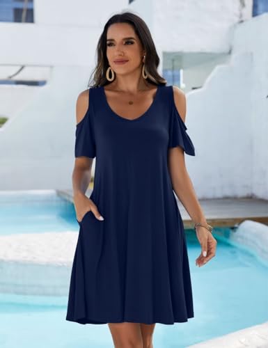 Image of JollieLovin Womens Plus Size Short Sleeve Cold Shoulder V Neck T-Shirt Dress with Pockets