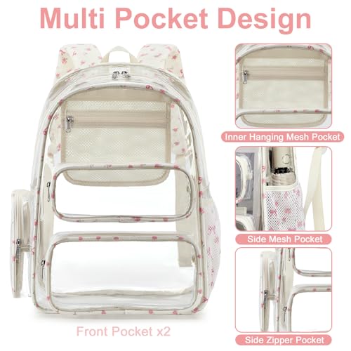 Image of BTOOP Clear Backpack Heavy Duty Transparent Backpack 17 inch See Through Bookbag for College Work Festival Security Padded Strap (pink bow floral)