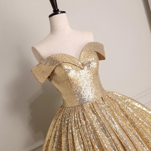 WDBFY Off Shoulder Sequin Quinceanera Dresses Sparkly Beaded Princess Ball Gowns Long Puffy Prom Dresses for Sweet 15 164