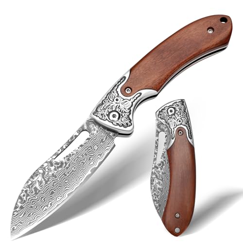 SPITZKANTE Taschenmesser Damast, 42a-konformes Zweihandmesser aus 67 Lagen handgeschmiedetem VG10-Damaststahl, Zweihand Klappmesser mit Holzgriff, Legal in Deutschland