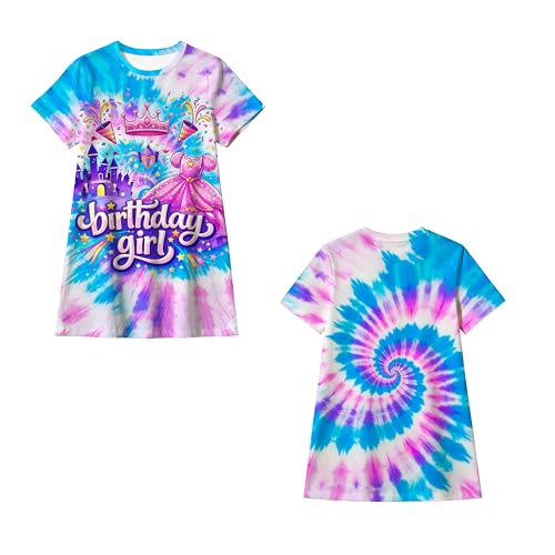 Poykopty Girls Birthday Pink Purple Blue Tie Dye Short Sleeve Dress Summer Crewneck Castle T-Shirt Dresses for Birthday Girl Small