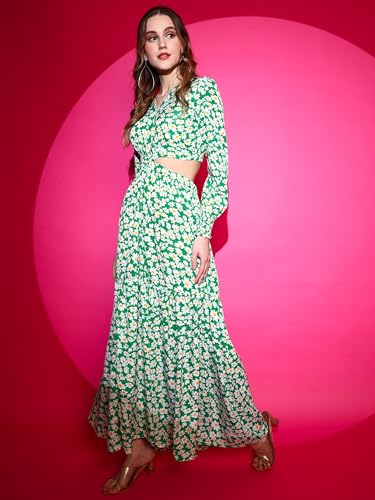 Image of Sheetal Associates Women's Crepe Fit and Flare Printed Full Sleeve V-Neck Casual Dress