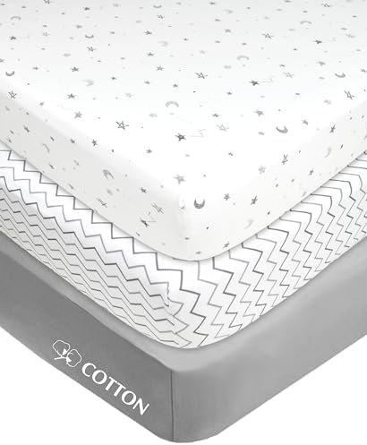 American Baby Company 3 Pack Fitted Mini Crib Sheet 38x24",Gray Star/Zigzag