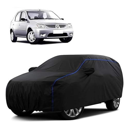 Image of Sulfar 100% Water Resistant Car Body Cover Compatible with Mirror for Renault Logan (Triple Stitched, Full Bottom Elastic, Black Tafetta with Blue Piping)