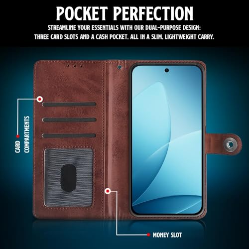 Image of WOW IMAGINE Shock Proof Flip Cover Back Case for Oppo F33 Pro 5G (Magnetic Button Flip Case | Wallet Pockets & Stand | Leather Finish | Coffee)