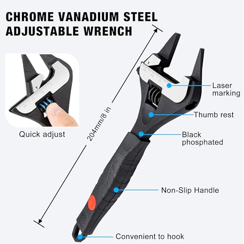 Image of MAXPOWER 8-inch Slim Jaw Adjustable Wrench, Wide Jaw Opening Adjustable Wrench, Dual Scale with Metric and SAE Plumbing Wrenches, Soft Grip Handle