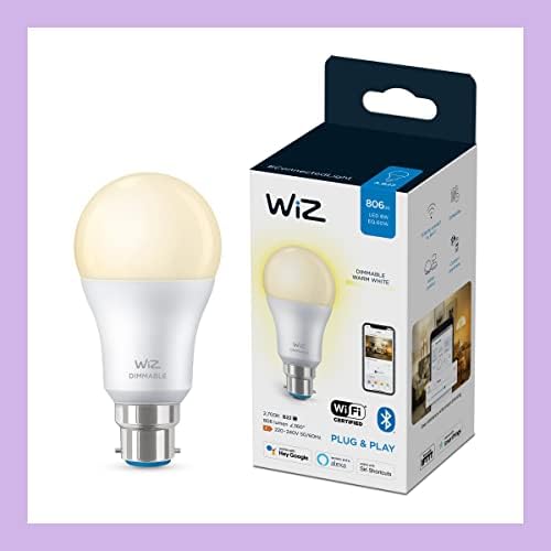WiZ Dimmable White [B22 Bayonet Cap] Smart Connected WiFi Light Bulb. 60W Warm White Light, App Control for Home Indoor Lighting, Livingroom, Bedroom.