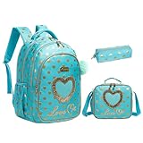 Conjunto de Mochila Escolar Infantil com Bolsa Térmica e Estojo - Ideal para Meninos e Meninas de 7 a 12 Anos (Coração de ouro azul)