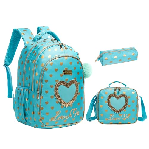 Conjunto de Mochila Escolar Infantil com Bolsa Térmica e Estojo - Ideal para Meninos e Meninas de 7 a 12 Anos (Coração de ouro azul)