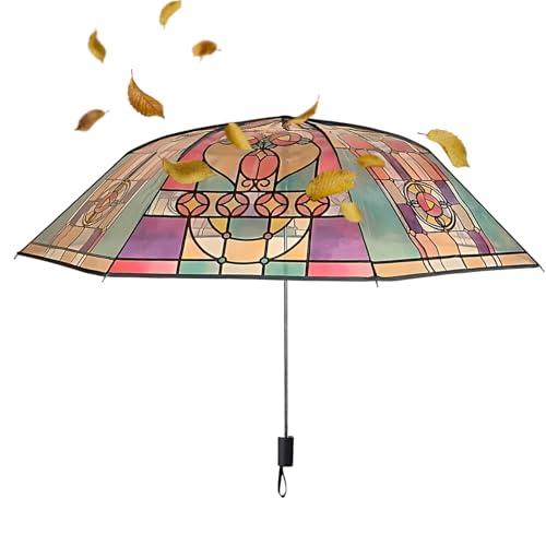 Paraguas femenino vintage | Paraguas elegante con estilo vidrieras de colores – Protección de lluvia para mujeres adultas con marco resistente para viajeros o caminatas
