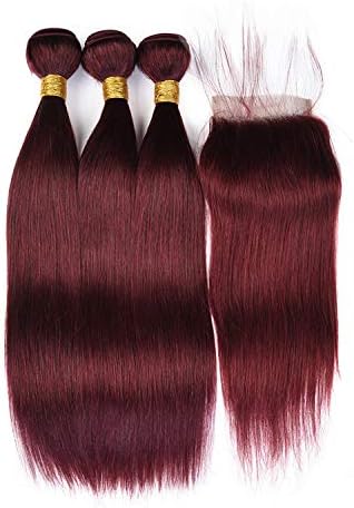 HairPR Ombre Hair Weft Remy Indain Virgin Human Hair 12"closure(4x4)+14"14"16"weft 99J(Remy Hair) Silk Straight Mid Part