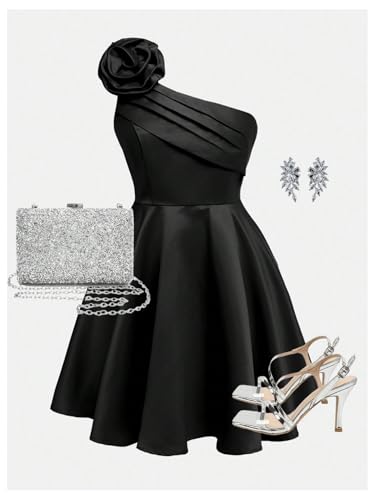 Floerns Girl's Elegant Short Dress 3D Floral One Shoulder Birthday Prom Dresses3