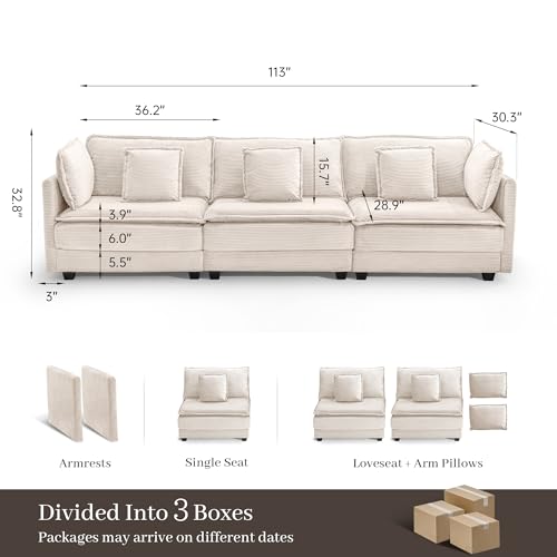 Image of Corduroy Sectional Couch, 3 Seater 113 inch Cloud Couch, Modular Deep Seat Sofa with Pillows for Living Room, Apartment, Beige