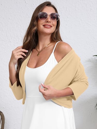 AusLook Plus Size Women Bolero Shrugs 3/4 Sleeve Khaki Heather 3X Open Front Knit Lightweight Coat Cropped Tops Shawls and Wraps Cardigan Dressy Sweater Clothes — view 3