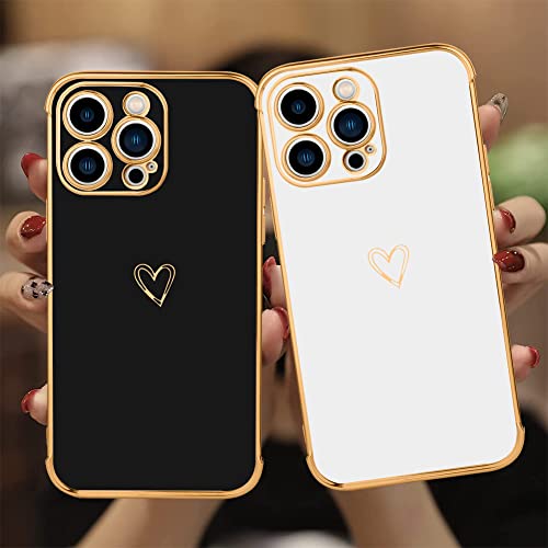 Mzelq Iphone 14 Pro Max Women's Luxury Heart Pattern Case, Full Camera Protection, Soft Tpu, Reinforced Corners, Plating Edge - Black #TOP1