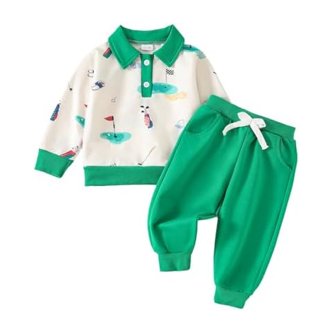 Endorothii Toddler Baby Boy Outfit Golf Lapel Sweatshirt Tops Pants 12 18 24 Months 2T 3T 4T 5T Sweatsuit Set Fall Clothes (Green, 3-4T) Cover