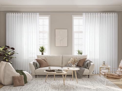 Image of Vision Home White Pinch Pleated Semi Sheer Curtains Textured Light Filtering Window Curtains 120 inch for Living Room Bedroom Patio Rayon Blended Pinch Pleat Drapes with Hooks 1 Panel 10ft 80 inchWx120 inchL
