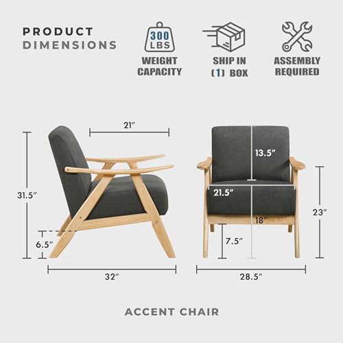 Lexicon Mid Century Modern Accent Chair with Solid Wood Frame in Natural Finish, Textured Fabric Living Room Lounge Arm Chair, Thick and Comfy Innerspring Seat Cushion, Linen-Look Fabric, Dark Gray by Lexicon - Image 3