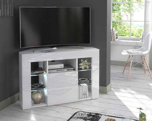Furneo Venico 02 Meuble TV d'angle avec éclairage LED Blanc mat 100 cm